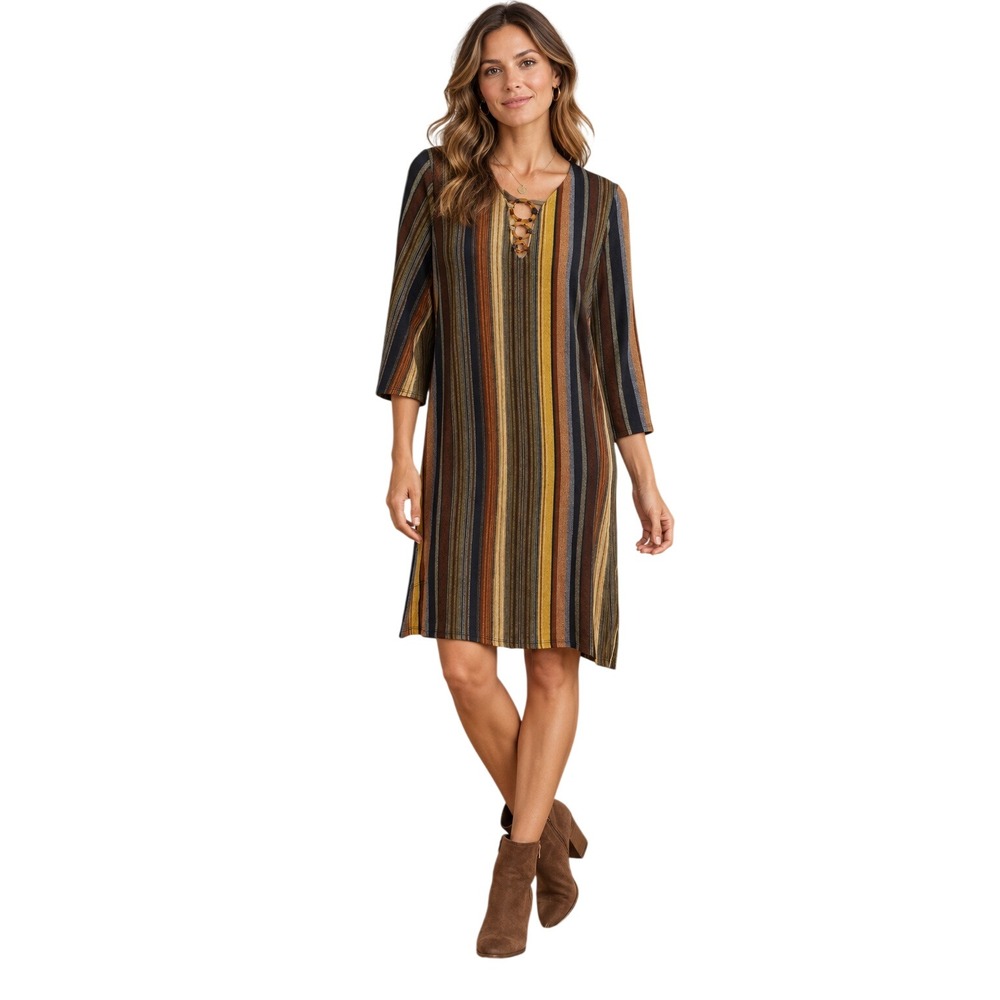 Tacera Womens Striped V-Neck Shift Dress Brown Mustard Yellow 3/4 Sleeve SIZE m